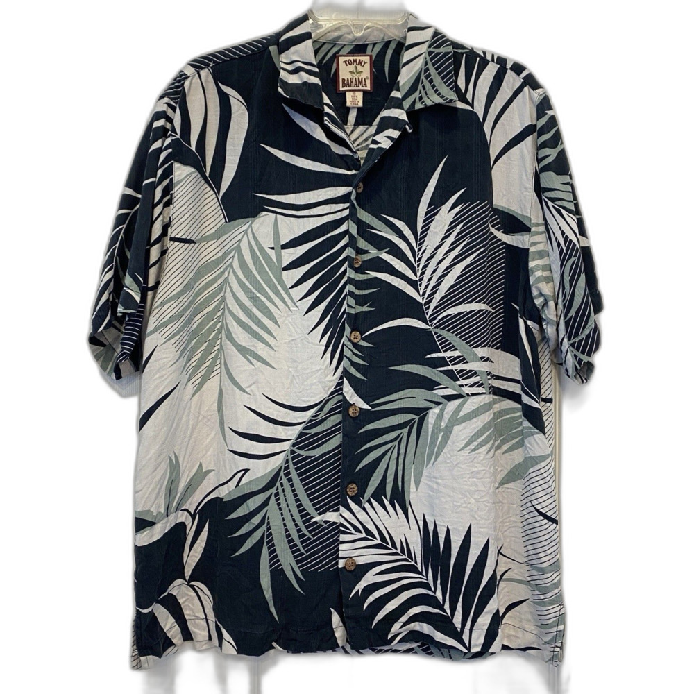 Tommy Bahama 100% Silk Hawaiian Palms Camp Shirt Black White Grey Button Up